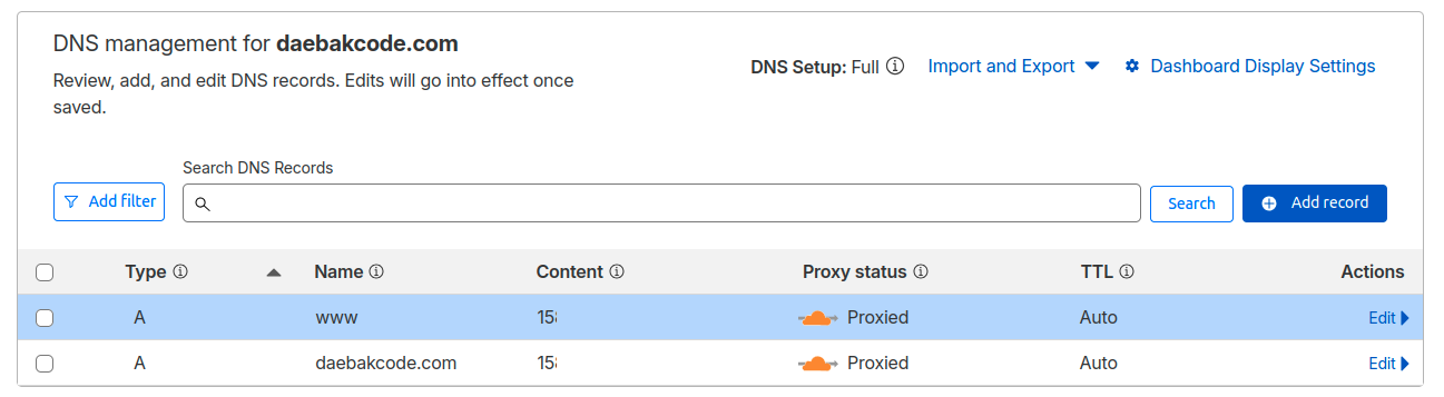 Cloudflare 도메인 설정 완료 화면